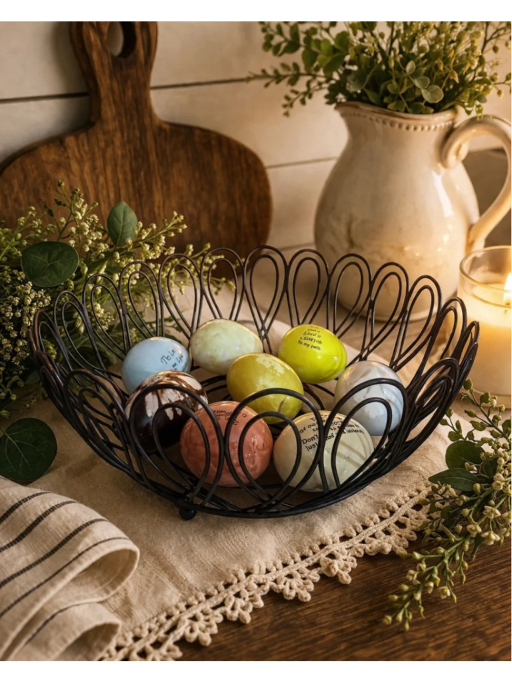 Farmhouse Wire Basket Inspirational Decorative Eggs Rustic Cottagecore